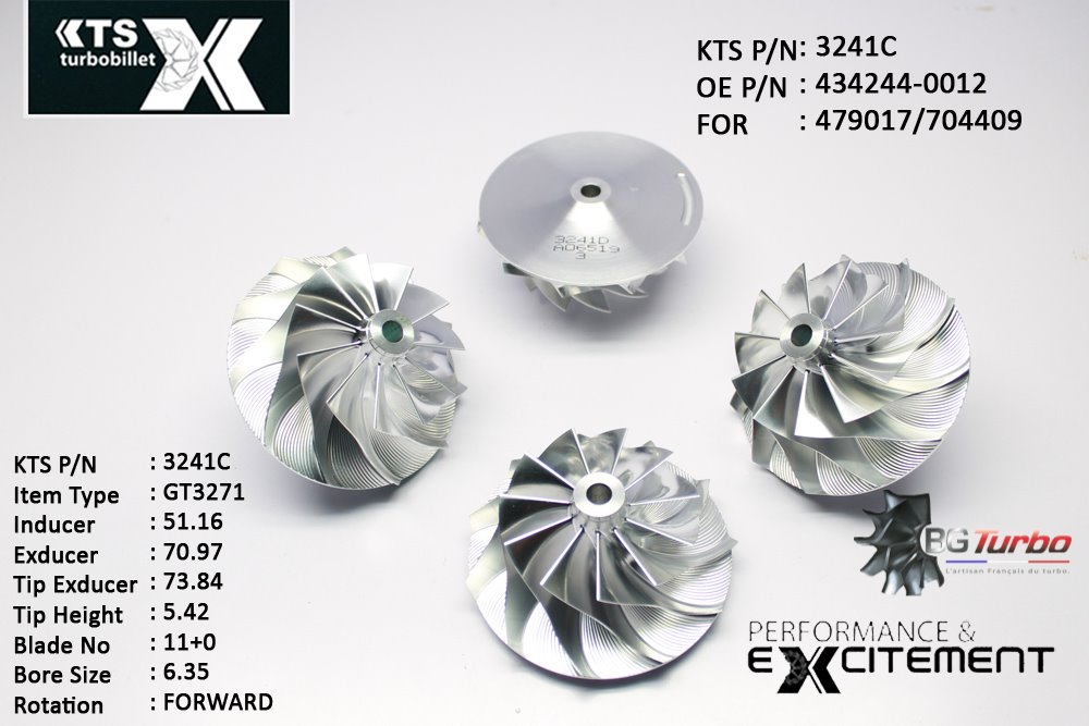 Turbo ROUE FORGÉE MFS PERFORMANCE - 11+0 PALES - INDUCER : 51,16 - EXDUCER : 70,97 - TYPE : GT3271ANGLE : 50° - ROTATION : Forward - SUPER BACK : 4,75 - BORE SIZE : 6,35
